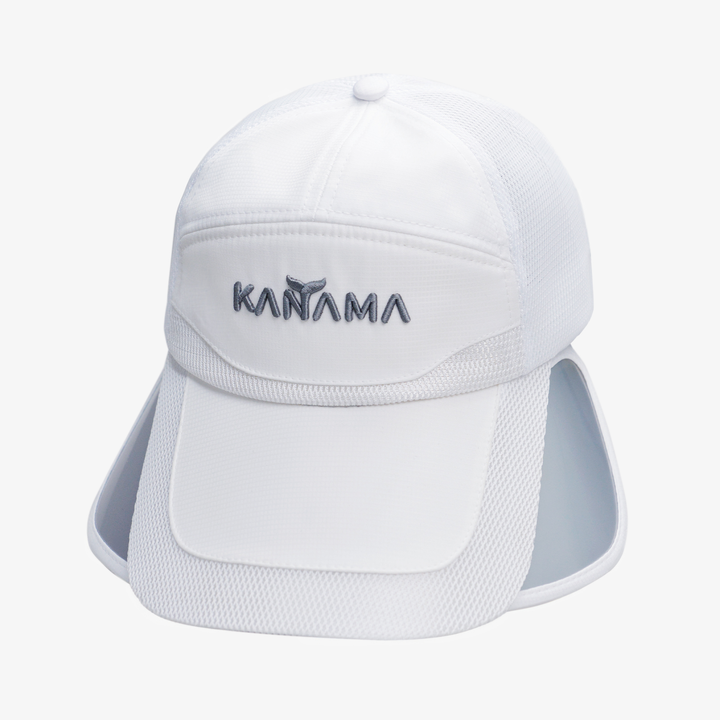 White Kanama fishing sun hat with UPF50+, pull-down visor, and breathable mesh design.