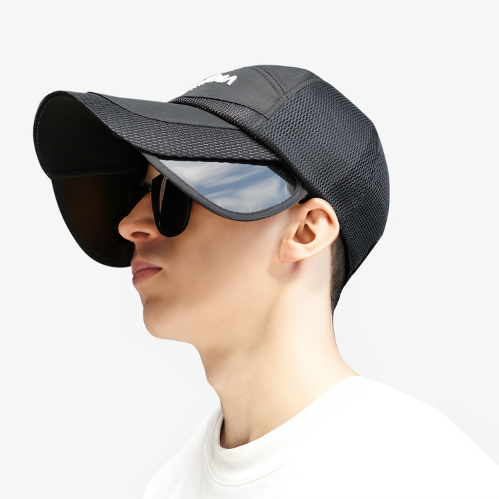 Black fishing sun hat with mesh panels and oversized pull-down visor