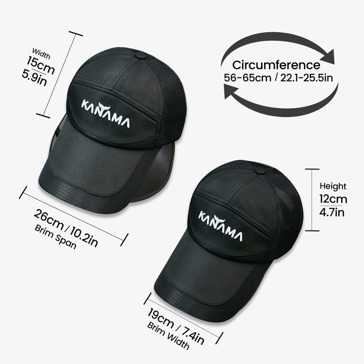 Black Kanama fishing sun hat dimensions: brim span 10.2in, height 4.7in.