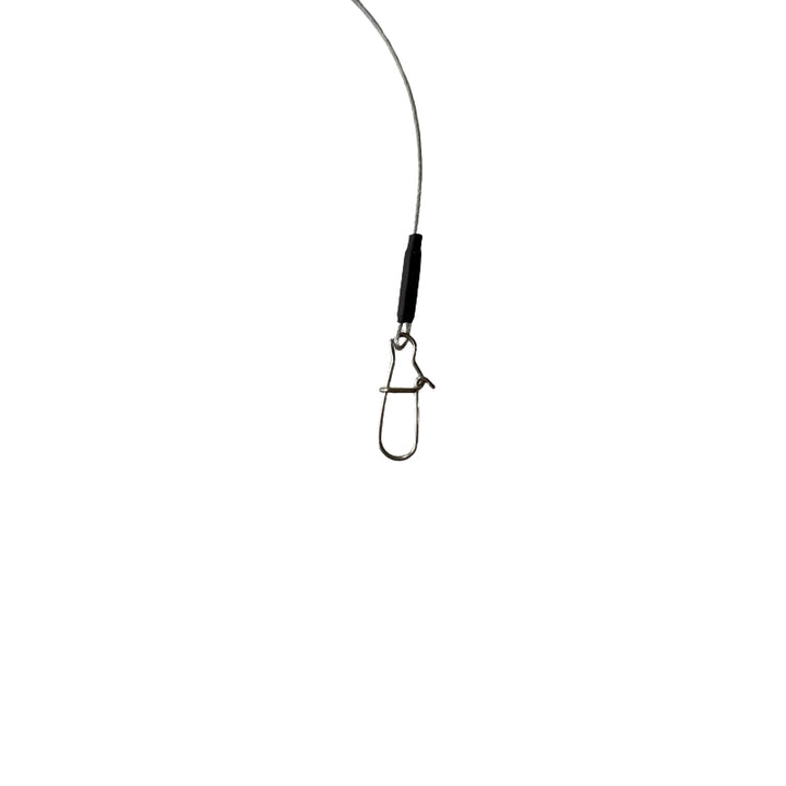 Close-up of stainless steel anti-bite fishing line with swivel connector