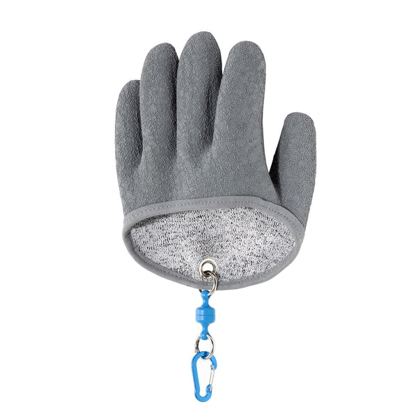 Gray fishing glove with cut-resistant features and blue carabiner attachment.