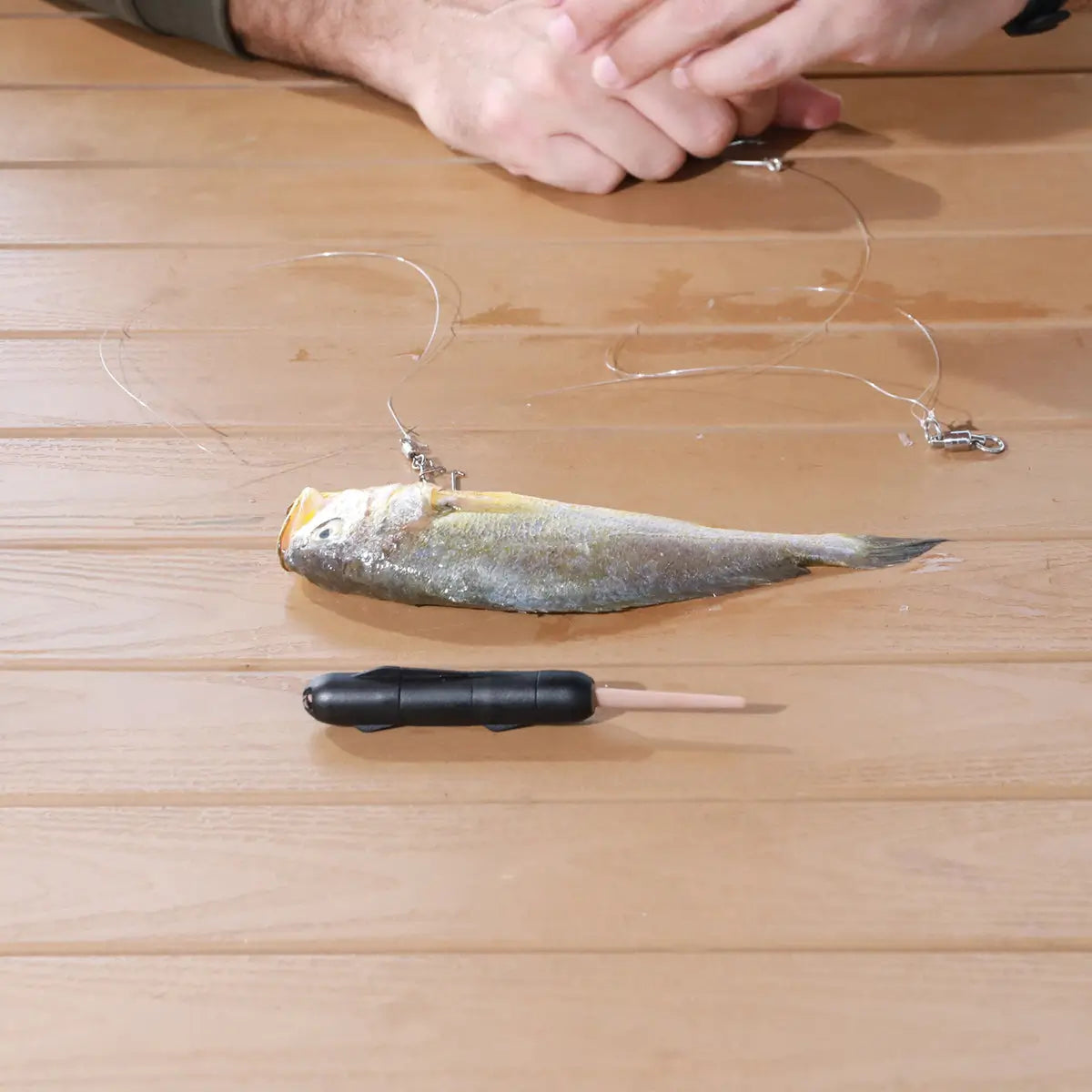 Kanama Smart Bait and hook on a wooden surface with a hand holding fishing equipment.